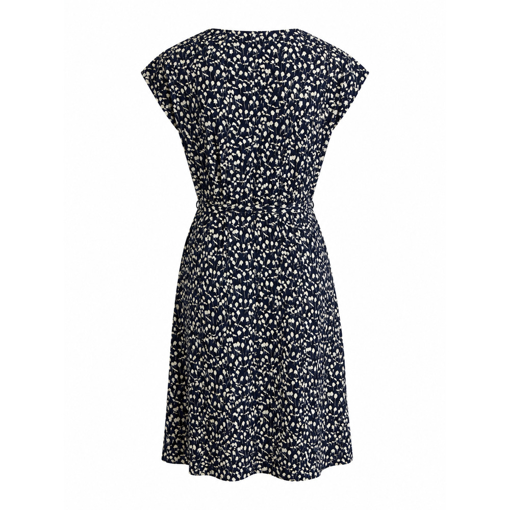 Talbots Petites 8P Navy White Floral Belted Fit Flare Flutter Hem Dress Classic - Picture 3 of 7